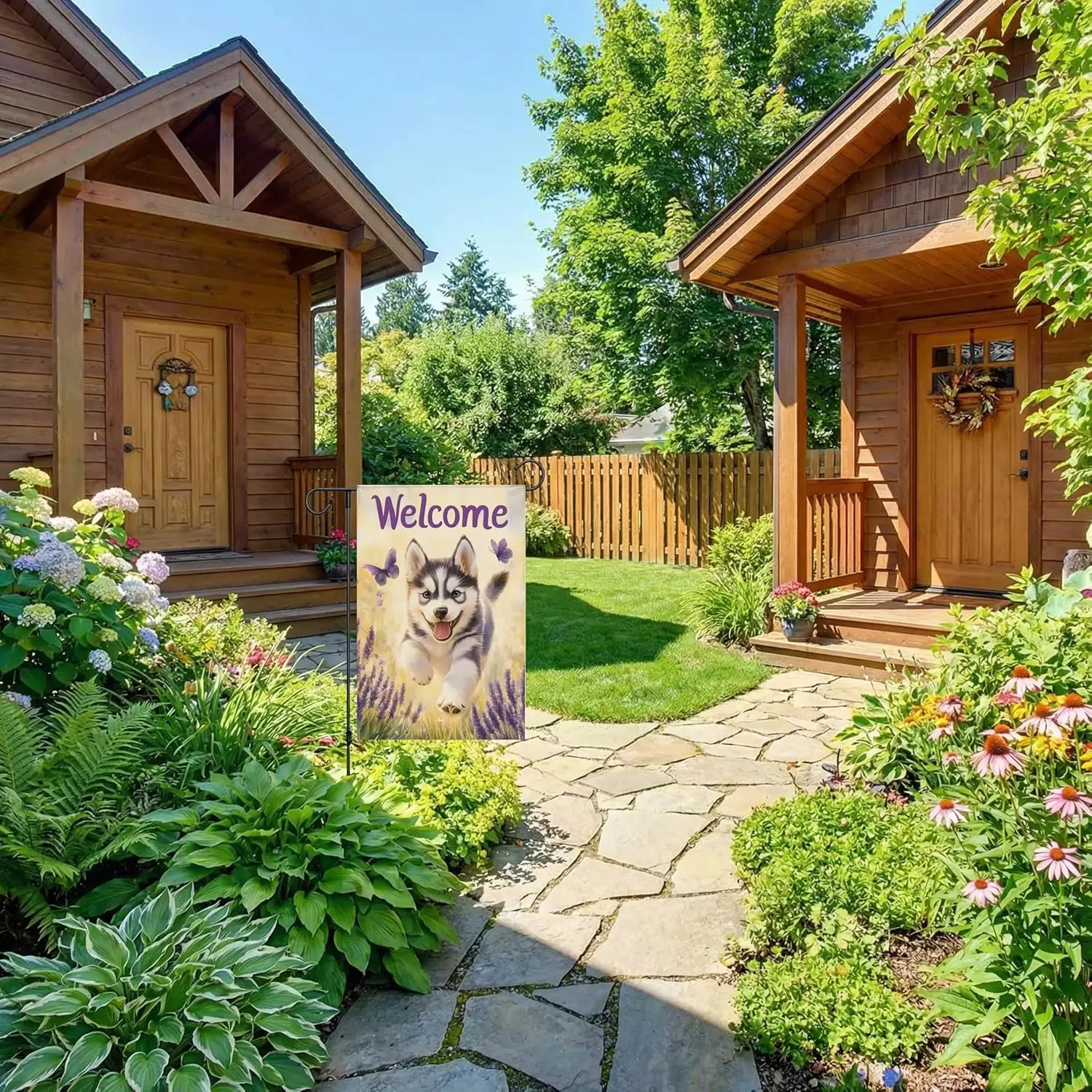Welcome Garden Flag Running Husky Happy butterfly 12x18 Inch Small Burlap Double Sided Spring Summer Rustic Farmhouse Home Y ZZM