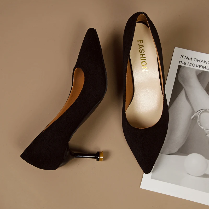 Spring and Autumn New fashion French Temperament Romantic high heels Women's thin heel Versatile Suede Pointed toe Women's Shoes
