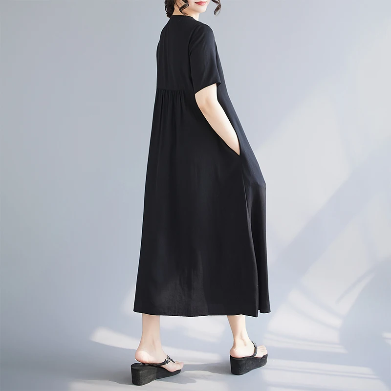 NYFS الراقية مزاجه الخامس الرقبة المطرزة فستان أسود طويل 2025 صيف جديد فضفاض قصير الأكمام فستان امرأة رداء Elbise