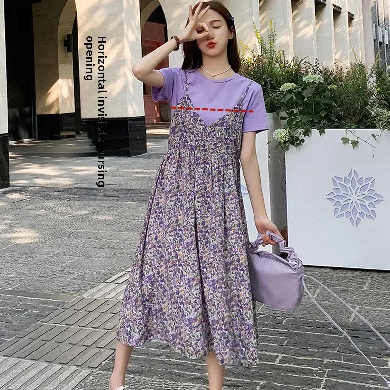 Short Sleeve Cotton T-Shirt Dress Maternity Clothing Purple Tank Top With Nursing Bra Built In Cotton Maternity Dress