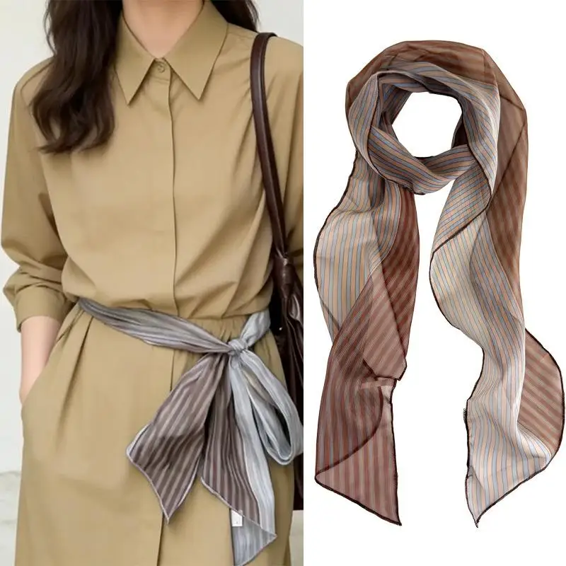 Vintage Seidenschal für Damen, gestreift, doppelseitig, eleganter Druck, Halstuch, modisches Büro-Accessoire für alle Jahreszeiten – Detail 4
