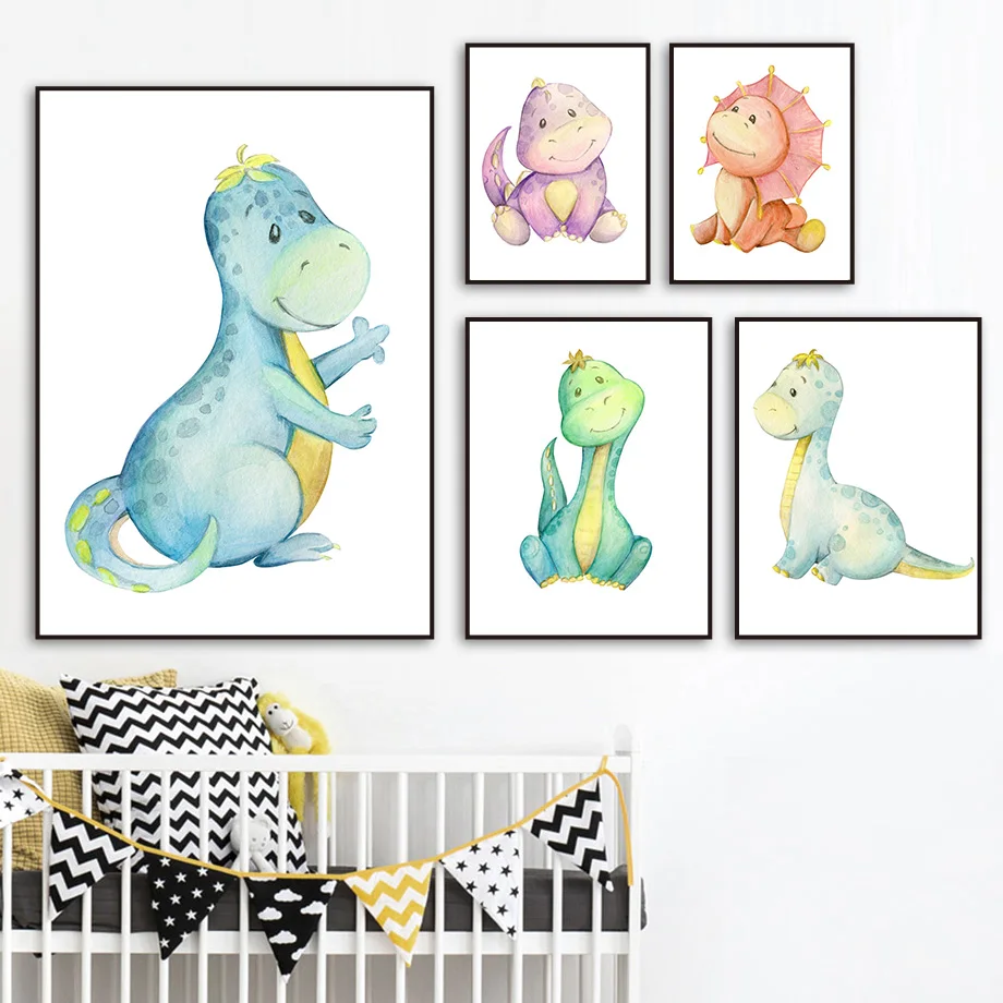 Funny Cartoon Watercolor HD Dinosaur Nursery Wall Art Canvas Painting Nordic Poster And Prints Wall Pictures For Kids Room Decor