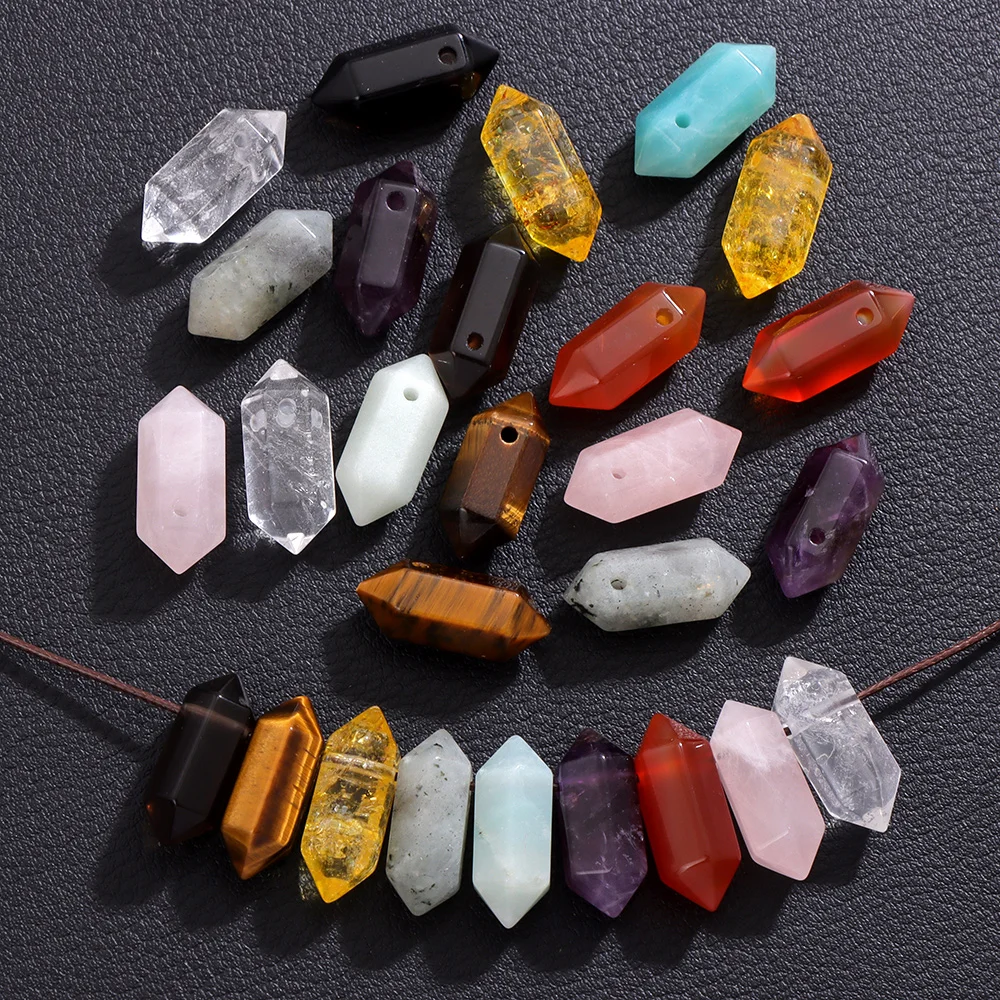 Top Drilled Natural Hexagon Shape Stone Pendant Amethyst Tiger Eye Quartzs Healing Charm Bead For Jewelry Making DIY Accessories