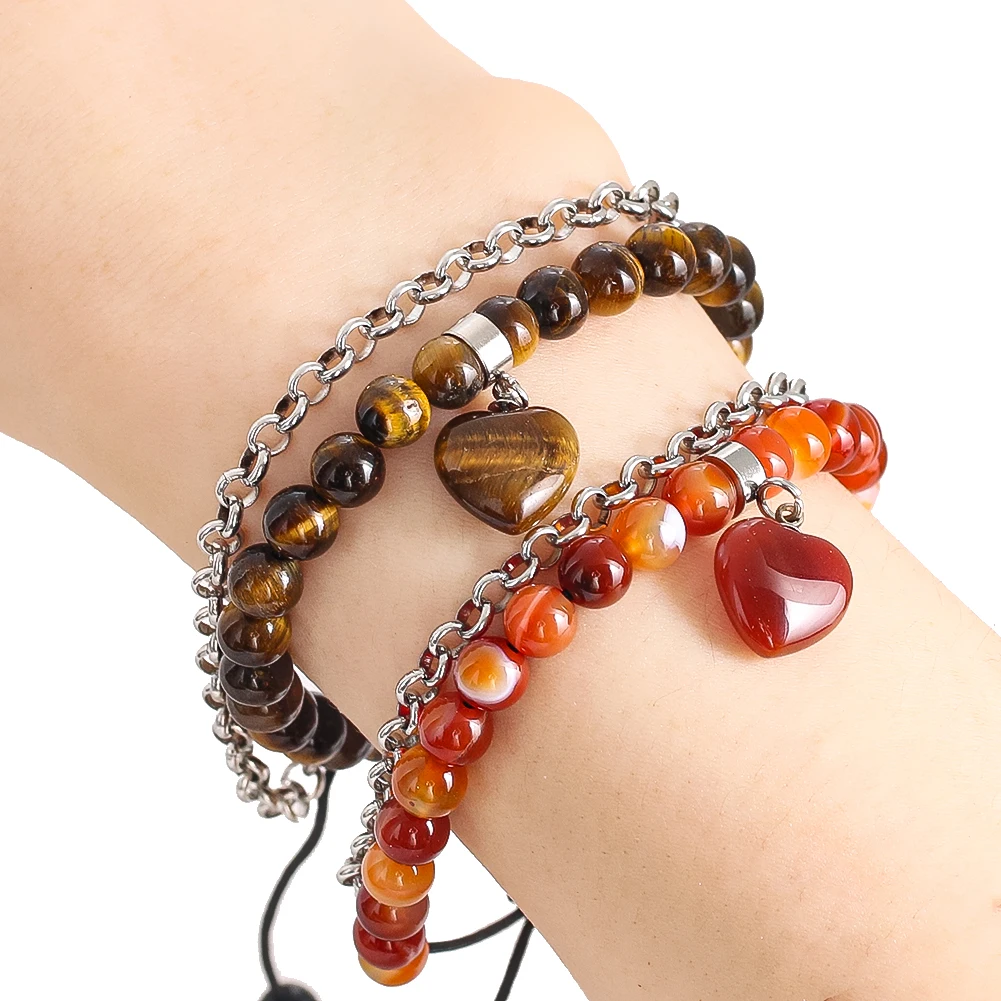 Natürliches Tigerauge-Armband mit rotem Achat-Liebesanhänger für Frauen, Edelsteinperlen, handgestrickte Edelstahlkette, gestapelte Armbänder – Detail 5
