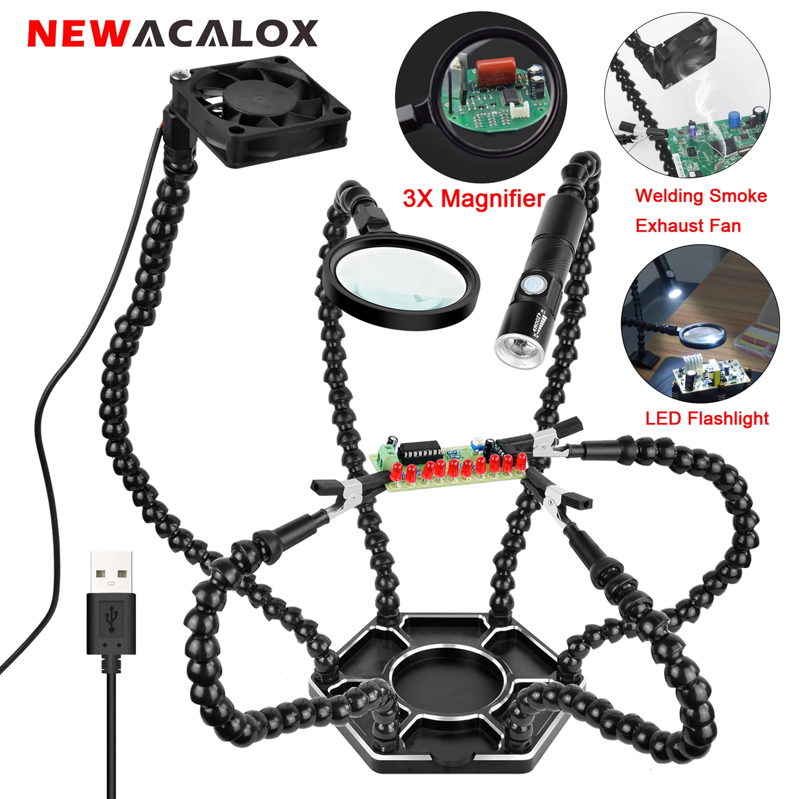 NEWACALOX Saldatura che aiuta le mani con 6 bracci flessibili Ventola di scarico del fumo di saldatura Torcia a LED Lente d\'ingrandimento 3X