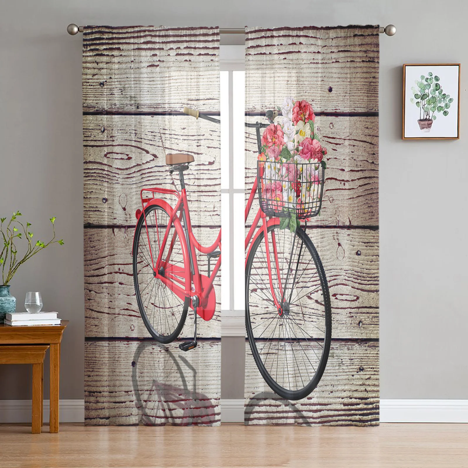 Bicycle Projection Wood Grain Tulle Sheer Curtains for Living Room Bedroom the Room Kitchen Voile Organza Decoration Curtains