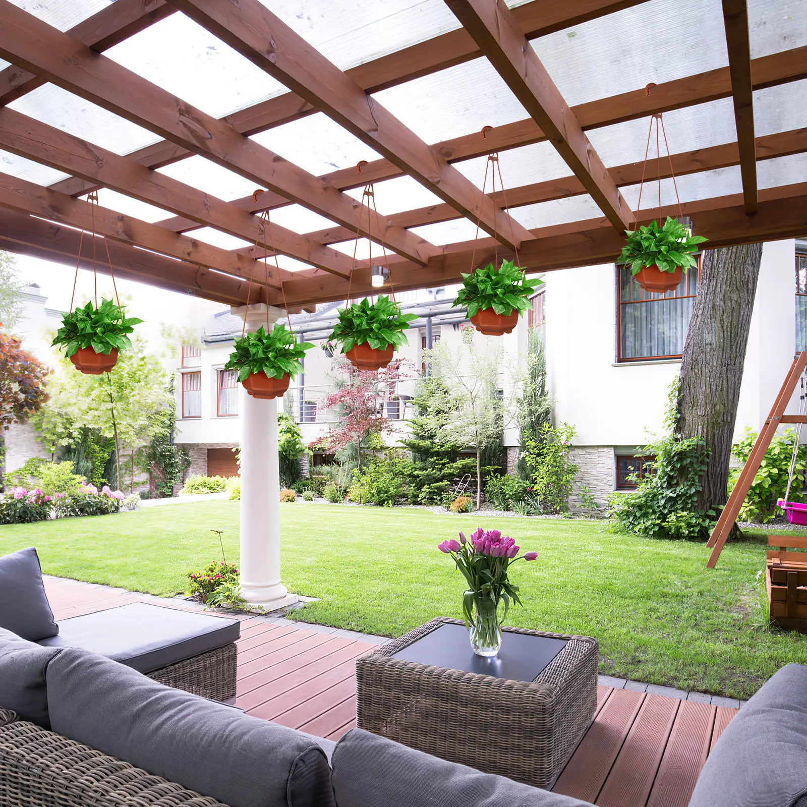 Bild 7: 10er-Set Kunststoff-Hängeblumentöpfe mit Haken für Balkon und Garten, Platzsparende Dekorative Achteckige Hängepflanzgefäße