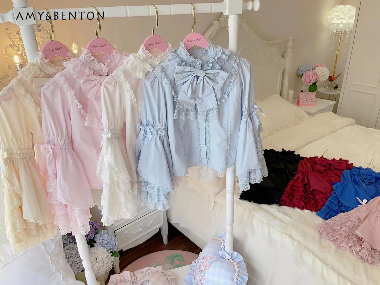 

Original Design 100% Cotton Lolita Heavy Industry Flare Sleeve Bow Inner Shirt Women Versatile Sweet Cute Solid Color Shirts