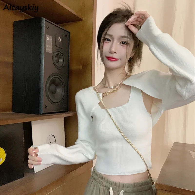 

Women Sets Long Sleeve Cardigan Cropped Tank Tops Knitted Sexy All-match Summer Slim Korean Style Fashion Tender Temper Youthful