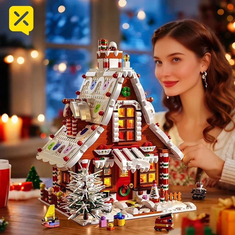 مكعبات بناء منزل خبز الزنجبيل لعيد الميلاد مع أضواء LED كوخ احتفالي DIY لعبة تجميع هدية للأطفال والكبار #4