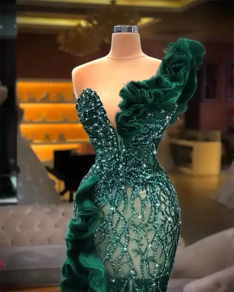 Green Long Evening Dress Luxury Mermaid One Shoulder Beads Lace High Split Ruffles Chic Prom Wedding Party Gowns  Customized