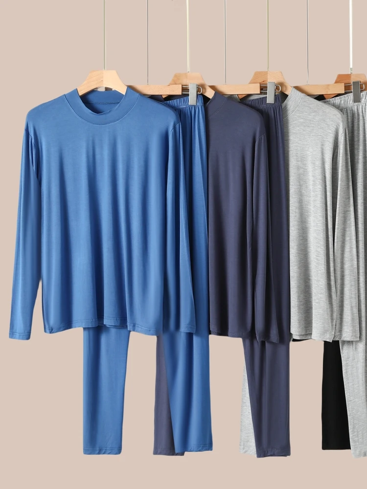 Men's Modal Thermal Underwear Set Thin Long Sleeve Half High Collar Warm Base Layer Pants Two-Piece Suit Comfortable Home Clo...