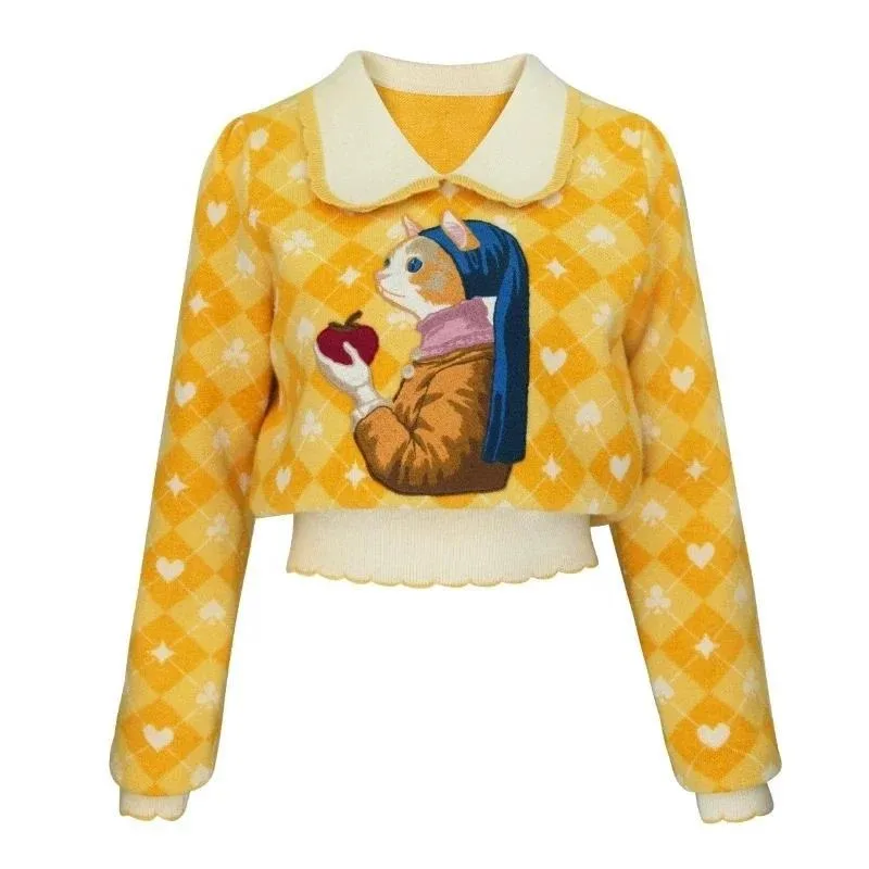 

Рождественский желтый свитер с вышивкой мультфильма, пуловер, женский винтажный элегантный стильный женский топ, осенние модные джемперы с длинными рукавами