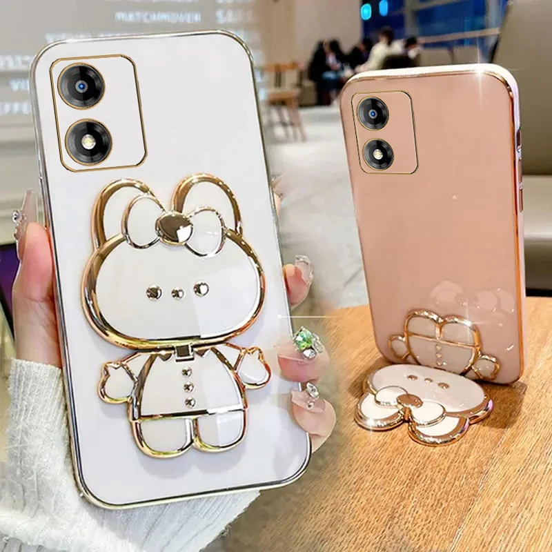 E 13 Rabbit Mirror Phone Holder Case On For Mototola Moto E13 MotoE13 MotorolaE13 Luxury Girl Woman Used Cover