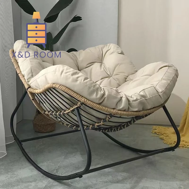 

X&D Big Woven Rattan Rocking Chair Comfortable Soft Bag For Sitting Or Lying Lazy Rocking Chair Balcony Home Use Wrought Iron