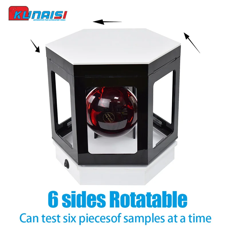 Six sided test lamp with rotatable infrared heating light box for window film nano ceramic coloring, insulation, and UV testing