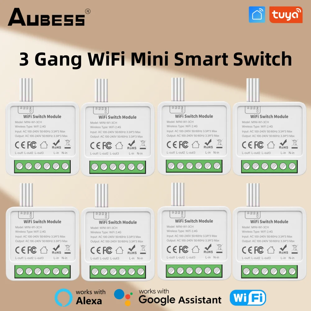 

1-10PCS TUYA WiFi Mini Smart Switch Module 3Gang Support 2-way Control Family Sharing Remote Control Via Smart Life Alexa Google