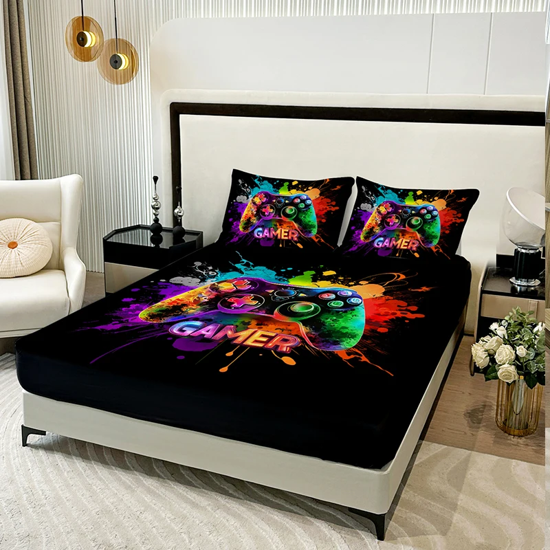 3PC Oil Color Game Console Bed Sheet, 1 fitted Sheet+2 Pillowcases, Digital Printing Technology, Comfortable and Soft Fabric