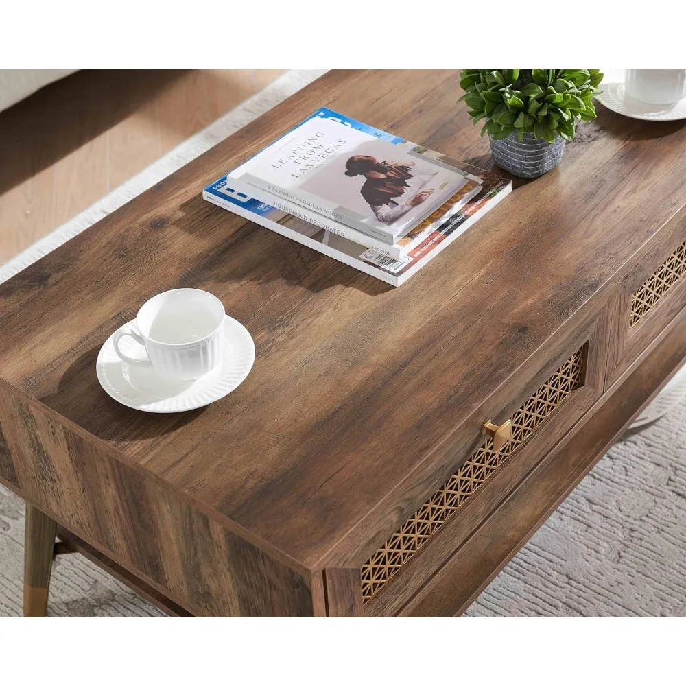 Wooden Mid Century Modern Coffee Table, Retangle Coffee Table with Two Drawers for Living Room, Rustic Oak
