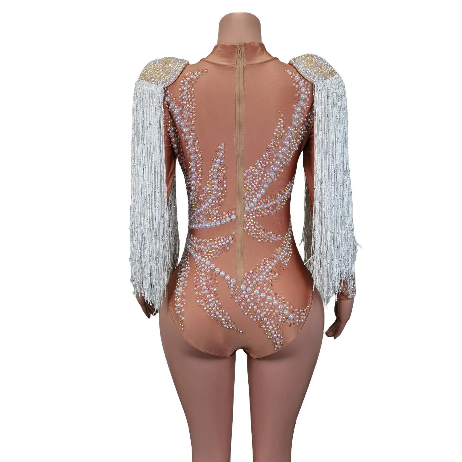 Kostiumy dla tancerki na rurze w klubie nocnym, białe frędzle, perły, jednoczęściowe body, strój dla piosenkarki na imprezę, studniówkę, występ sceniczny, Jianzhang