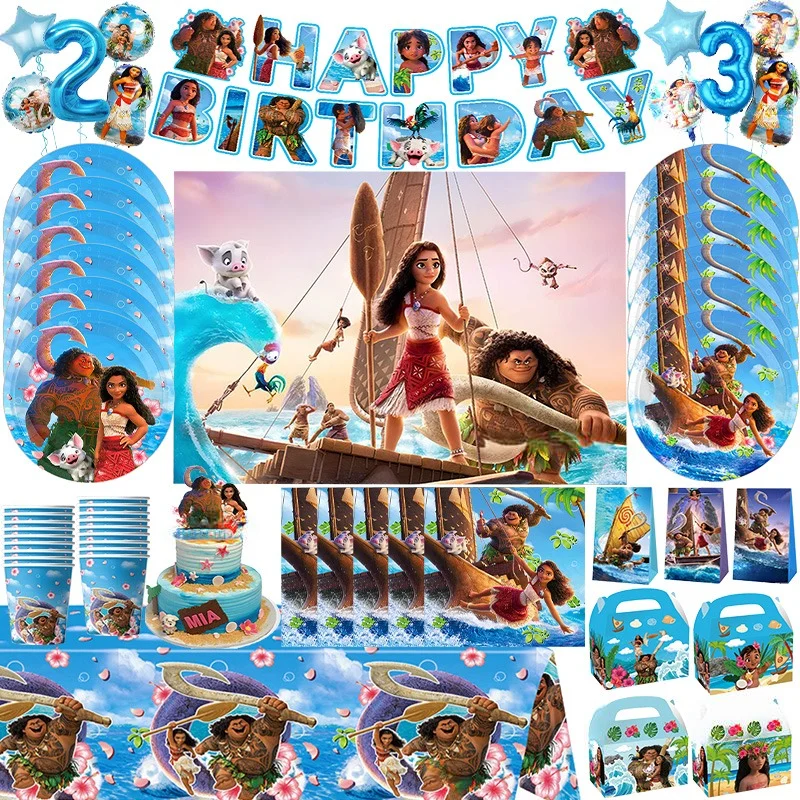 New Moana Birthday Party Decoration Cake Toppers Candy Box Tableware Set Paper Cup Plate Moana Balloon For Kid Party Decoration