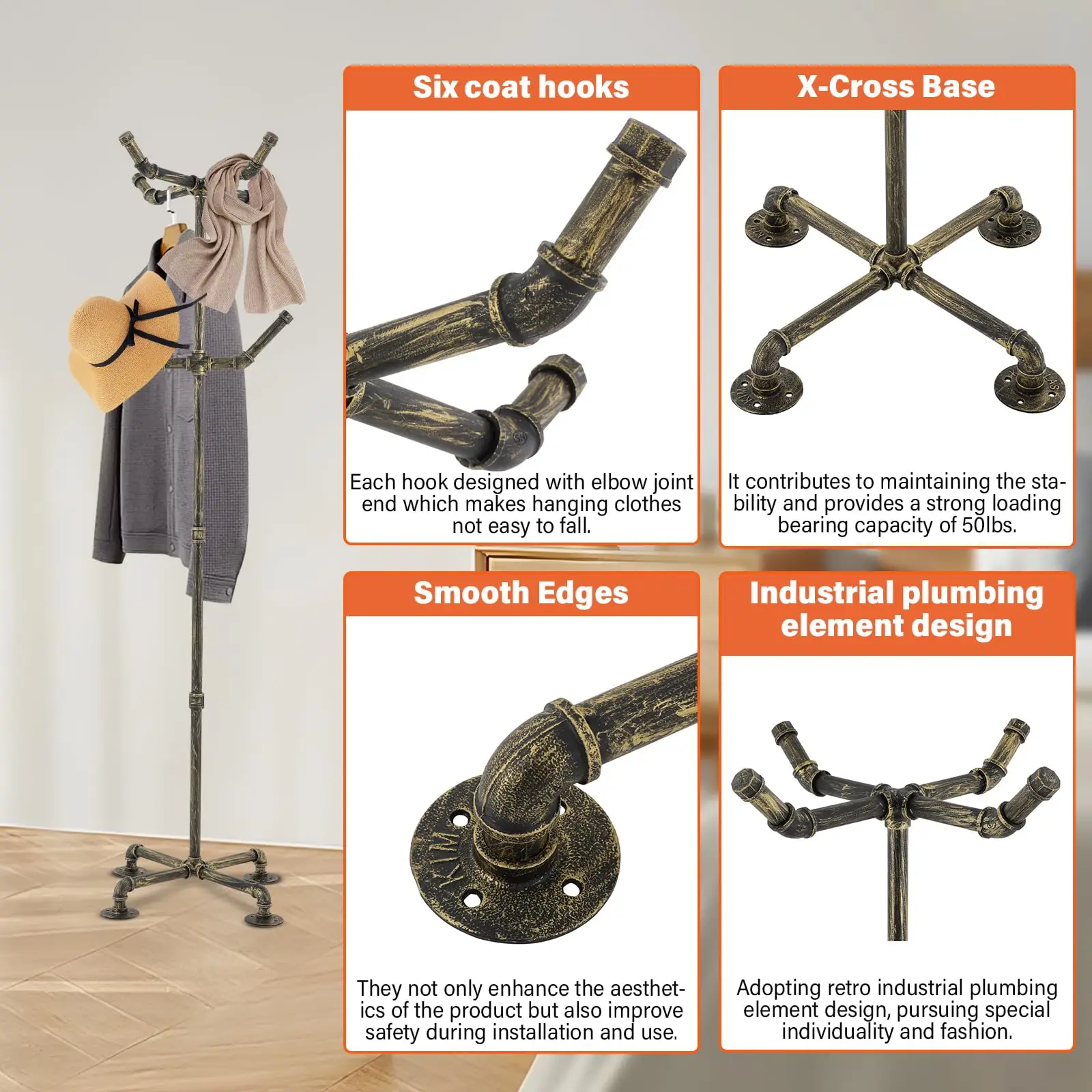 20Cabide de tubo industrial de altura, rack de roupas com 6 ganchos, suporte de roupas autônomo, casaco resistente de metal e chapéu ha