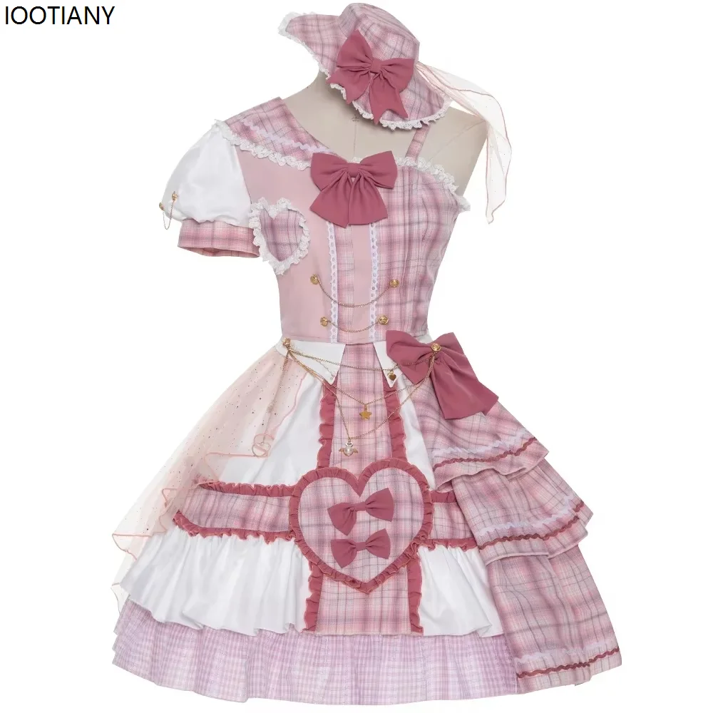 Women Sweet Cute Lolita Princess Dress Japanese Idol Hit Song Pink Plaid Dresses Asymmetric Short Skirt And Top Set Dress Up New