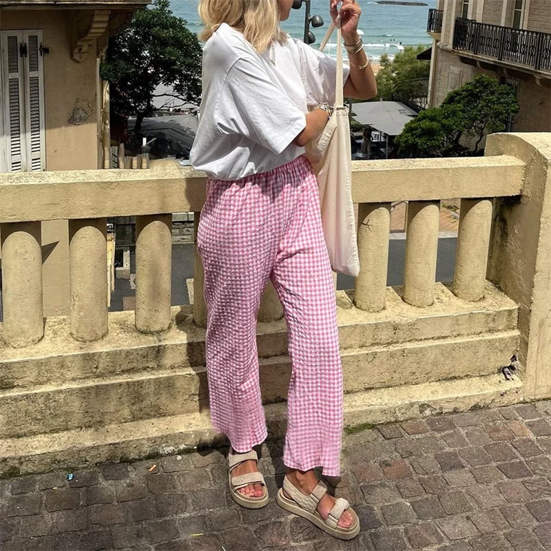 

y2k Aesthetic Pants Women Summer Clothes Plaid Print Drawstring High Waist Straight Leg Trousers 2000s Clothing Streetwear