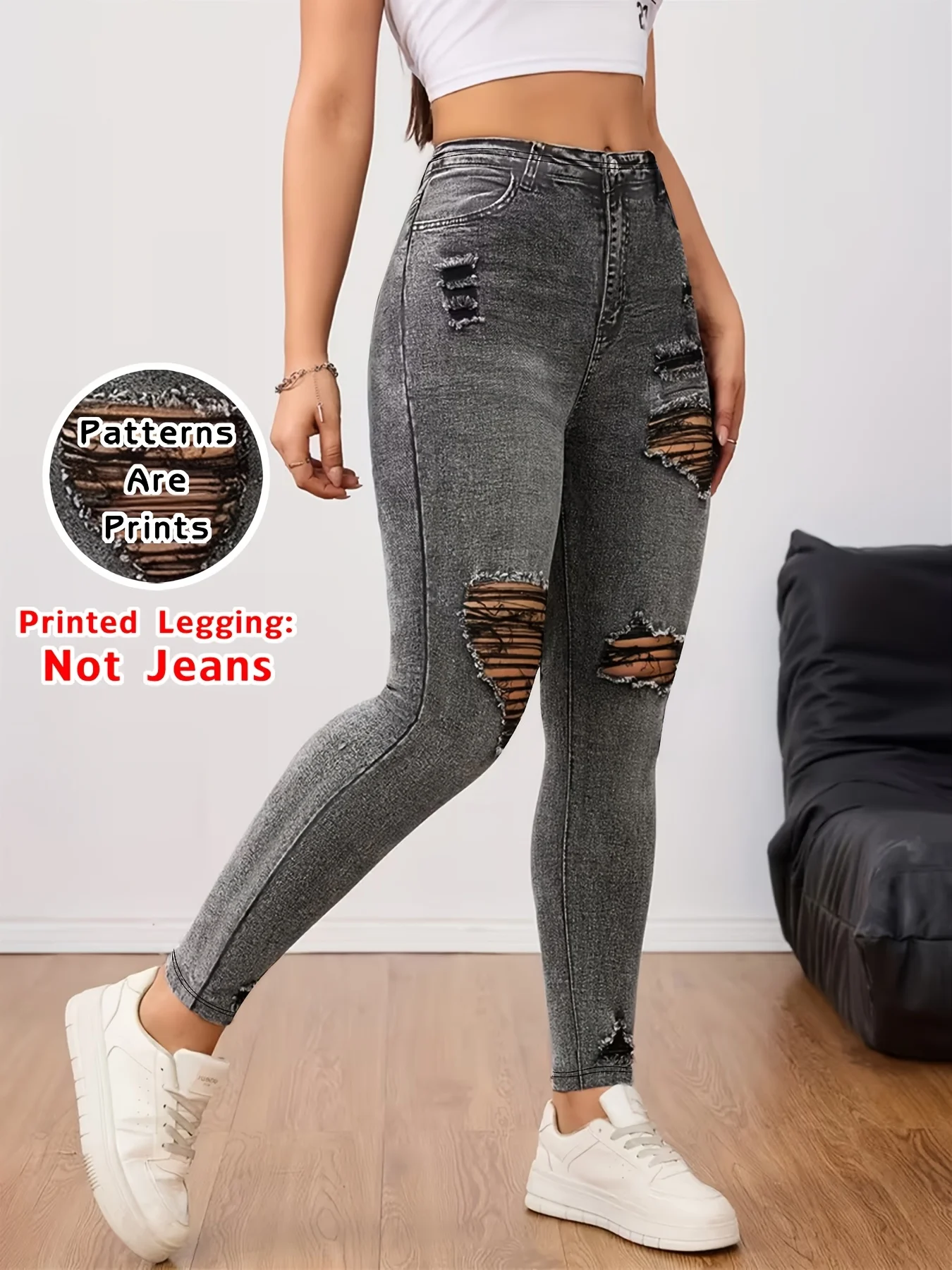 【Non-Denim】Women's Faux Denim Print Leggings, Sports Casual Skinny Pants, Thin Soft Skin-Friendly Yoga Pants, All Seasons Wear L