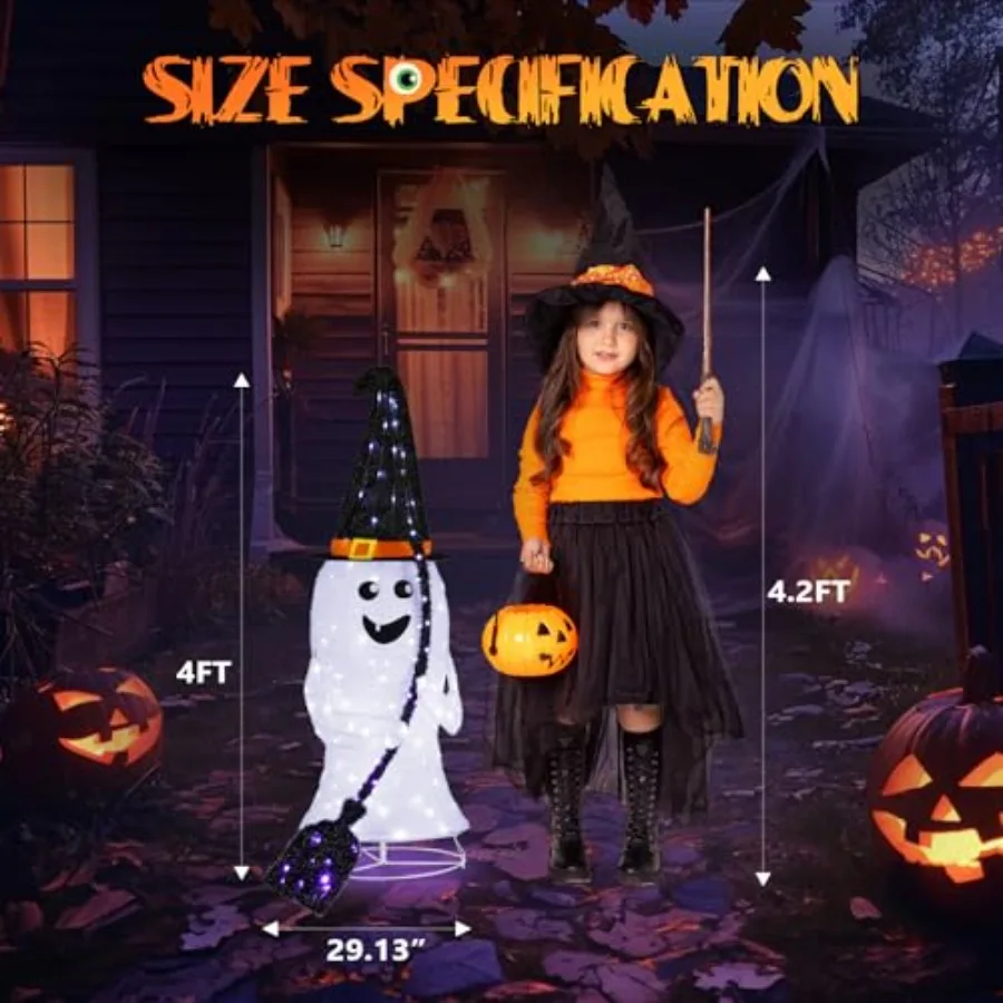 Outdoor Halloween Decoration: Polyester Ghost with White Fabric, Pre-lit 135 LEDs, 4 Feet Tall, Ideal for Porch Yard Lawn Patio