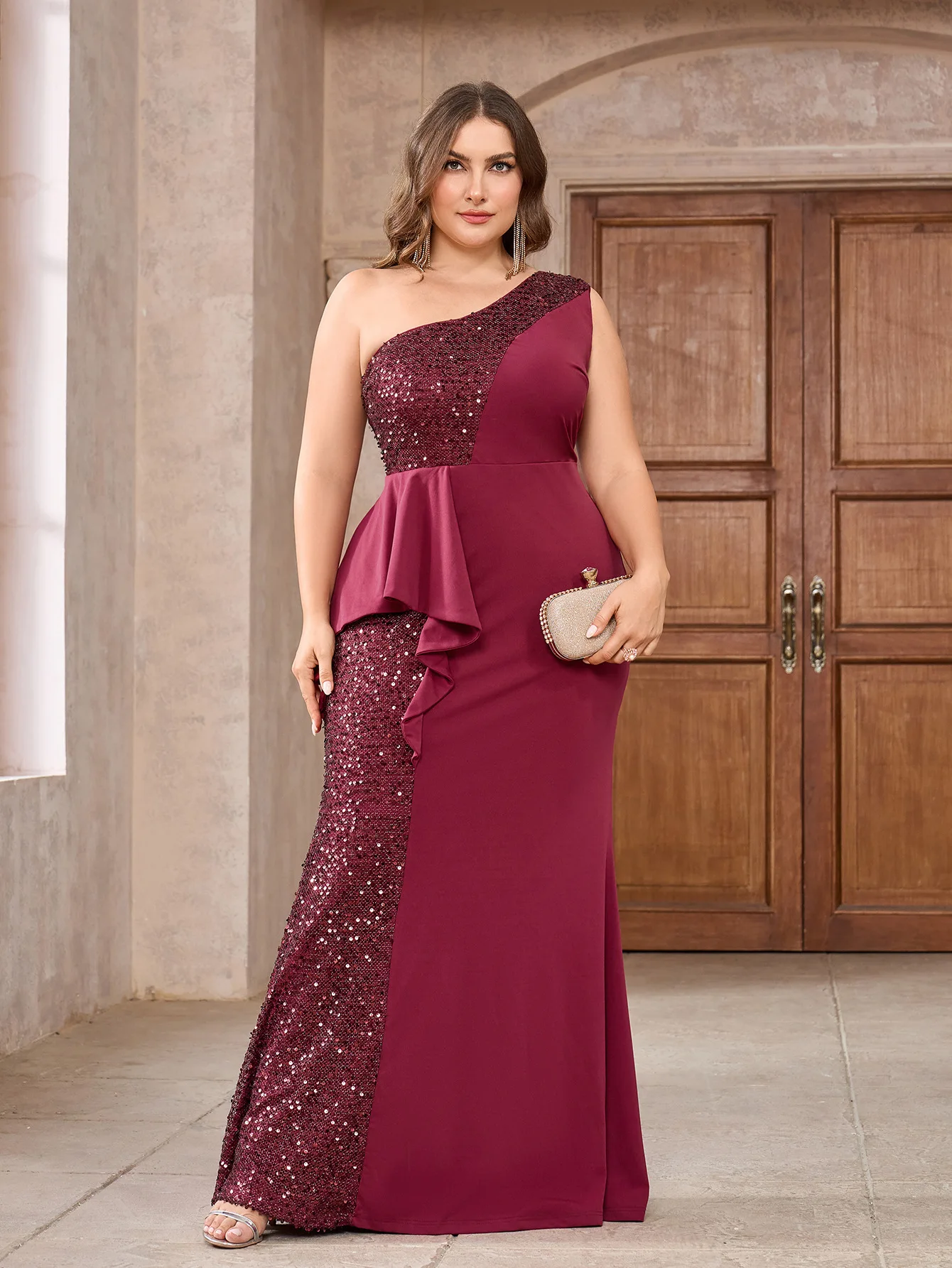 Plus Size Elegant One Shoulder Sleeveless Sequin Green Wedding Party Dress Cocktail Evening Prom Gown Floor Length