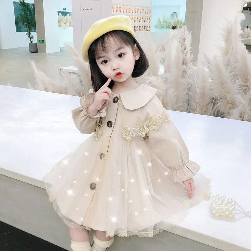 

Girls Trench Coat Spring and Autumn 2025 New Children's Doll Collar Mesh Dress Baby Girl Medium and Long Top