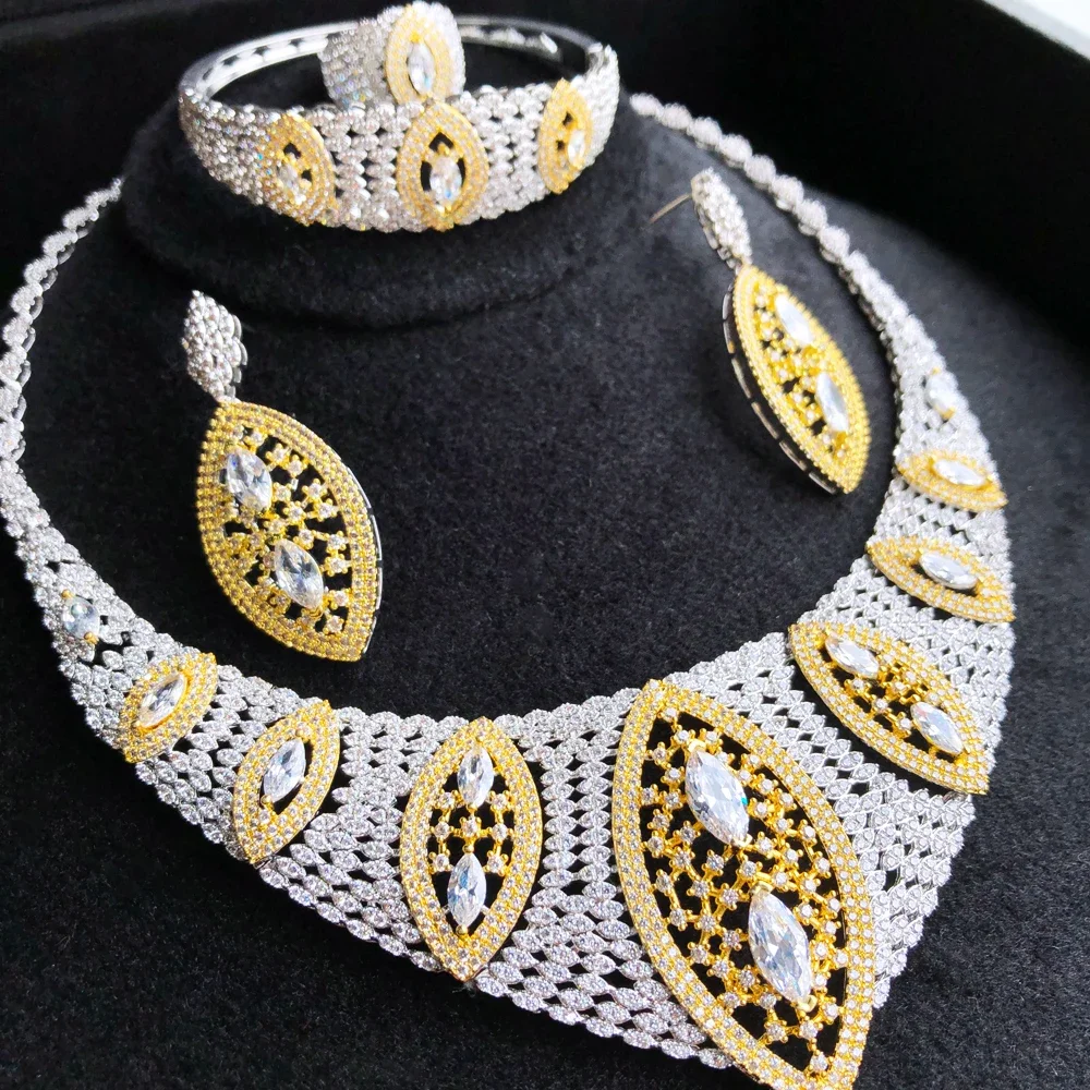 New Luxury Trendy Necklace Bracelet Earrings Ring For Women Shiny Cubic Zircon Bridal Wedding Engagement Jewelry Sets