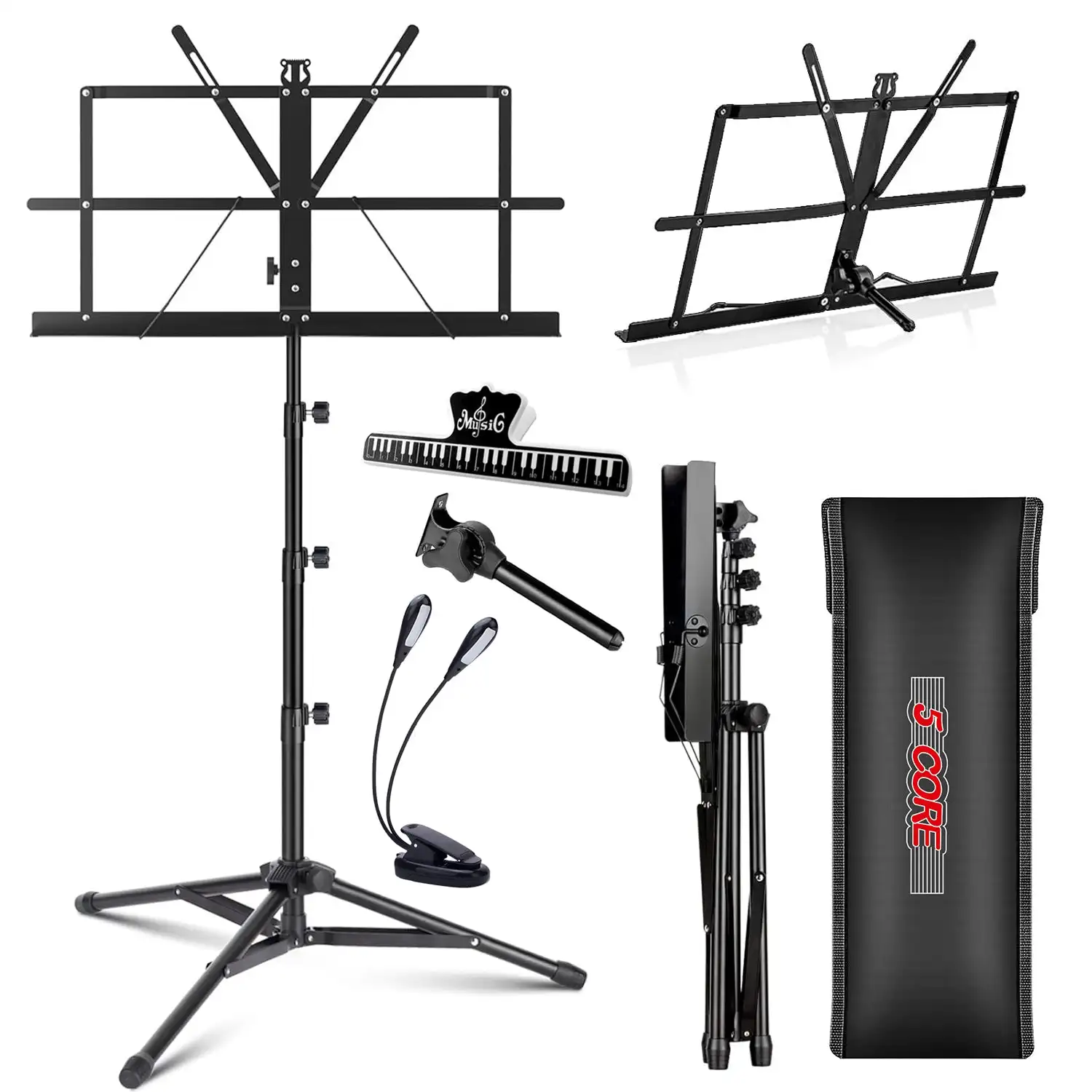 

5 Core Music Stand For Sheet Music Portable Tripod Adjustable Folding Note Holder MUS FLD 4S BLK WLGT