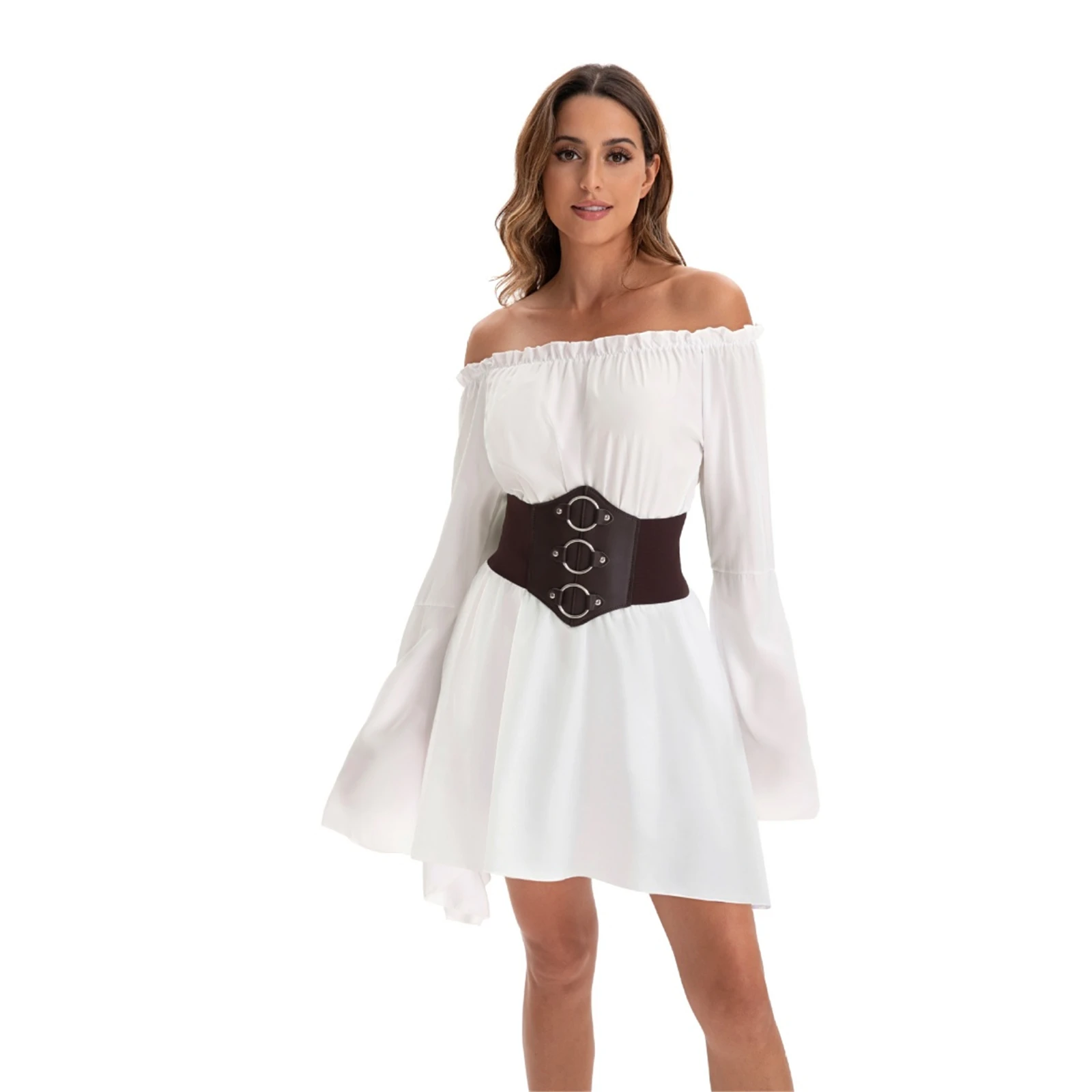 

Women Renaissance Pirate Dress Medieval White Corset Dress With Waistband Peasant Ruffle Shirt Dress Set Halloween Uniform