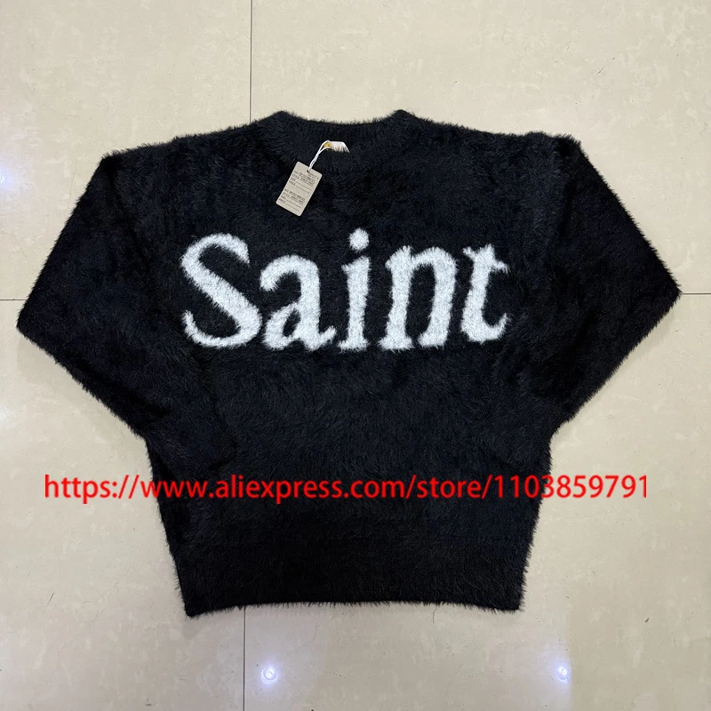 

American Trend Saint Sweater Jacquard Sweatshirt Autumn Winter High Street Vintage Washed Saint Knitted Pullover Unisex Style