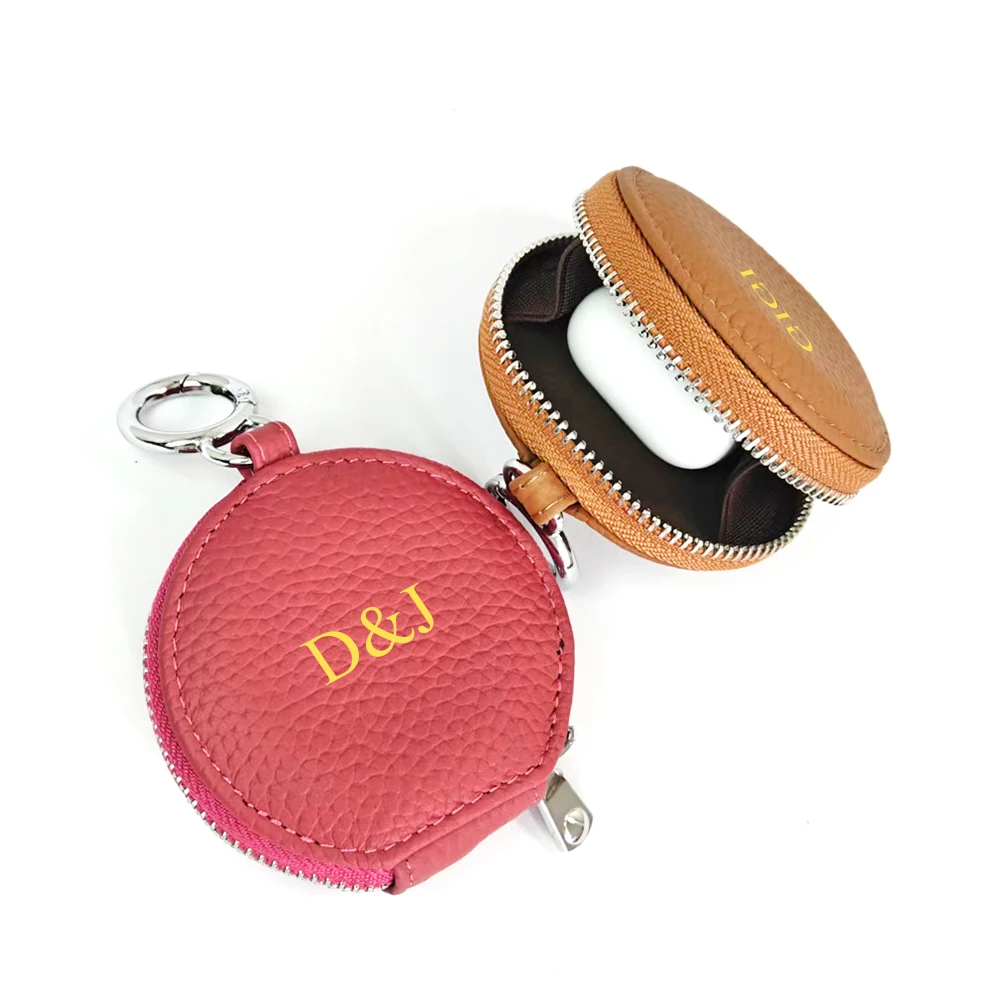 Genuine Leather Round Earphone Bag Custom Letters Bluetooth Headset Case With Keychain Dropshiping Personalize Name Coin Purse