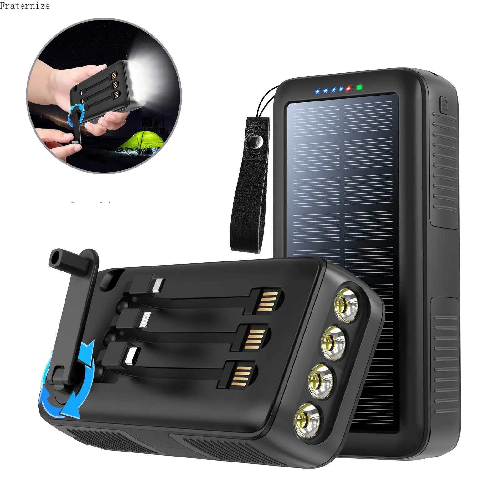 Solar Power Bank 60000mAh Portable quick solar Charger External Battery Pack Built-in Cables Flashlight outdoor Hand shake Power