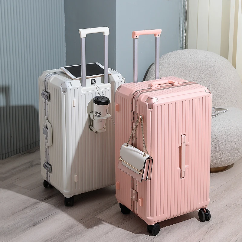 Large Capacity Travel Luggage Aluminum frame Suitcase Trolley Case 24/28/30 inch Travel Suitcase with Cup Holder Boarding Case