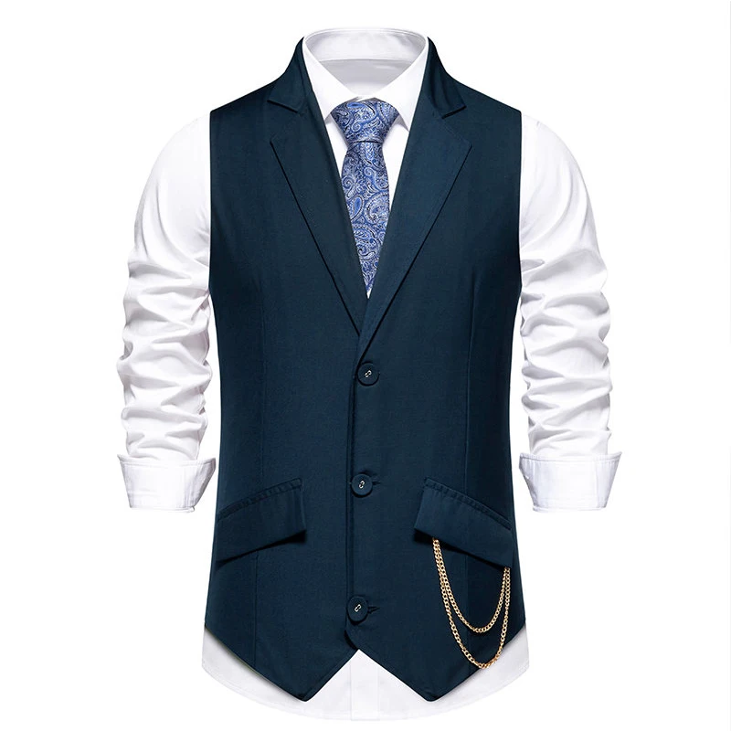 Men\'s Classic Solid Color Slim Vest Business Casual Suit Vest Flip Lapel with Chain Accessories Wedding Banquet Vests