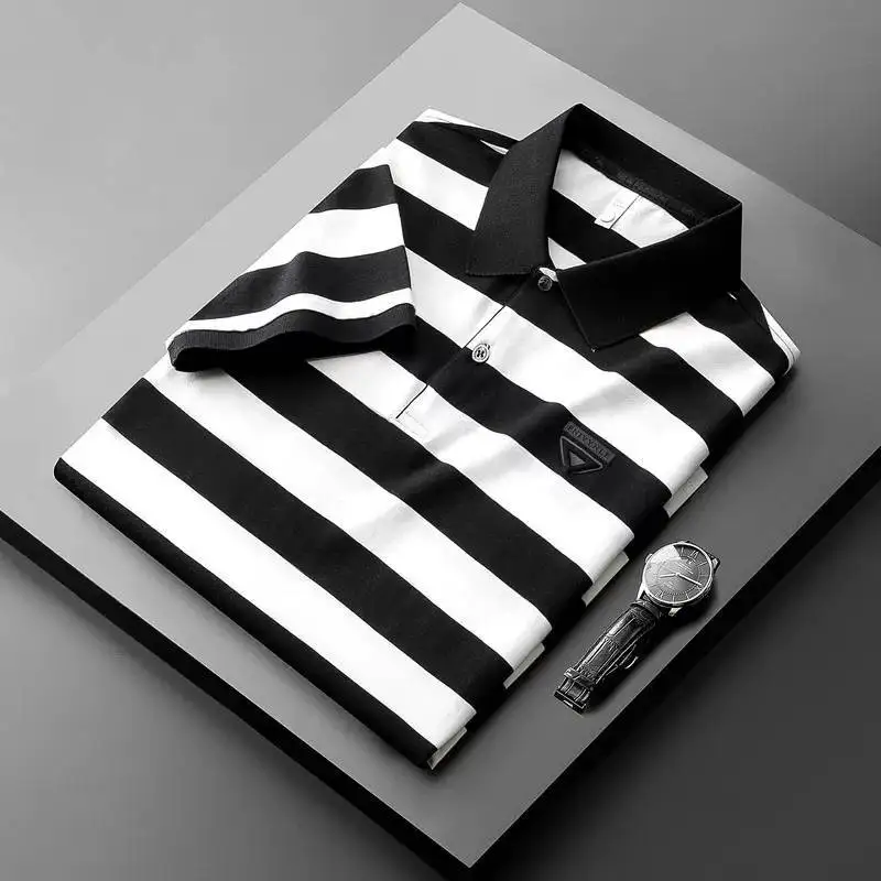 2024 New Fashion Trend Light Luxury Business Stripe Print Casual Loose Oversize Simple Versatile Short Sleeve Polo Shirts