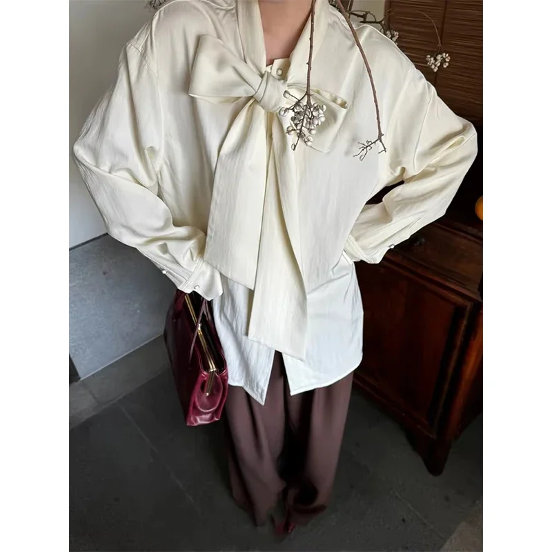 خمر التعادل قمصان النساء أنيقة القوس ضمادة البلوزات الصيف مكتب السيدات الكورية طويلة الأكمام واحدة الصدر تصميم بلايز عادية #2