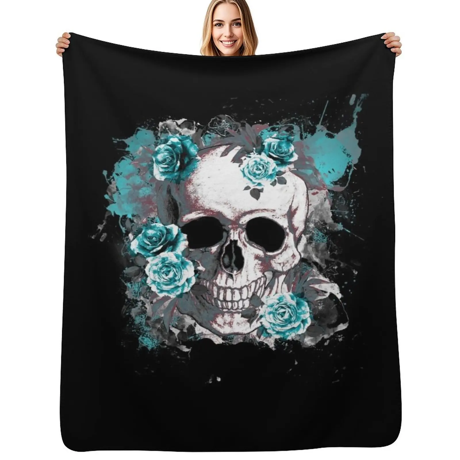 

Skull human anatomy floral, turquoise watercolor roses,mask cool, funny,cute Throw Blanket Decorative Throw Quilt Blankets