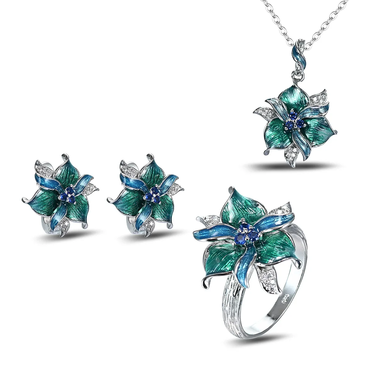 Hot Sale S925 Sterling Silver Jewelry Set Featuring Green Flower Ring Purple Earrings And Delicate Pendant Necklace For Ladies