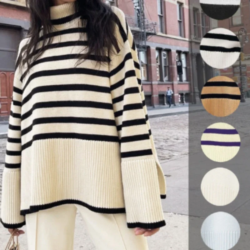 Winter women sweater women knitted sweater lady stripe sweaters high neck loose woman knitted sweater split female top pullovers