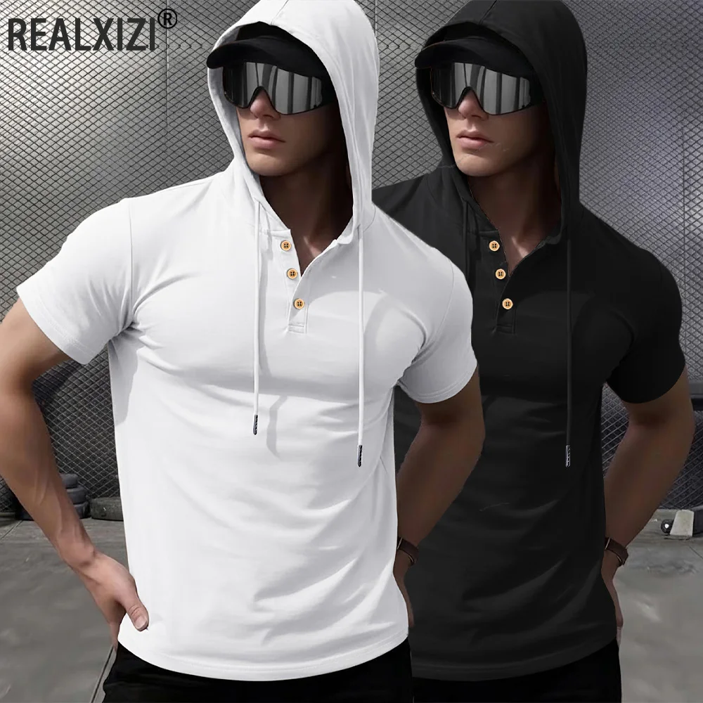 Sommer Herren T-Shirt Slim Fit Atmungsaktiv Kapuzen-Kurzarmshirt Leichtes Fitness-Hoodie Sport-Oberteil Streetwear