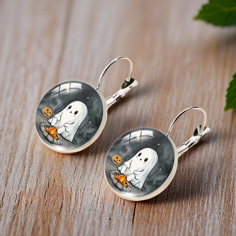 2025 New Fashion Bonfire Ghost Ear Clip Round Earring Glass Cabochon Art Printed Jewelry