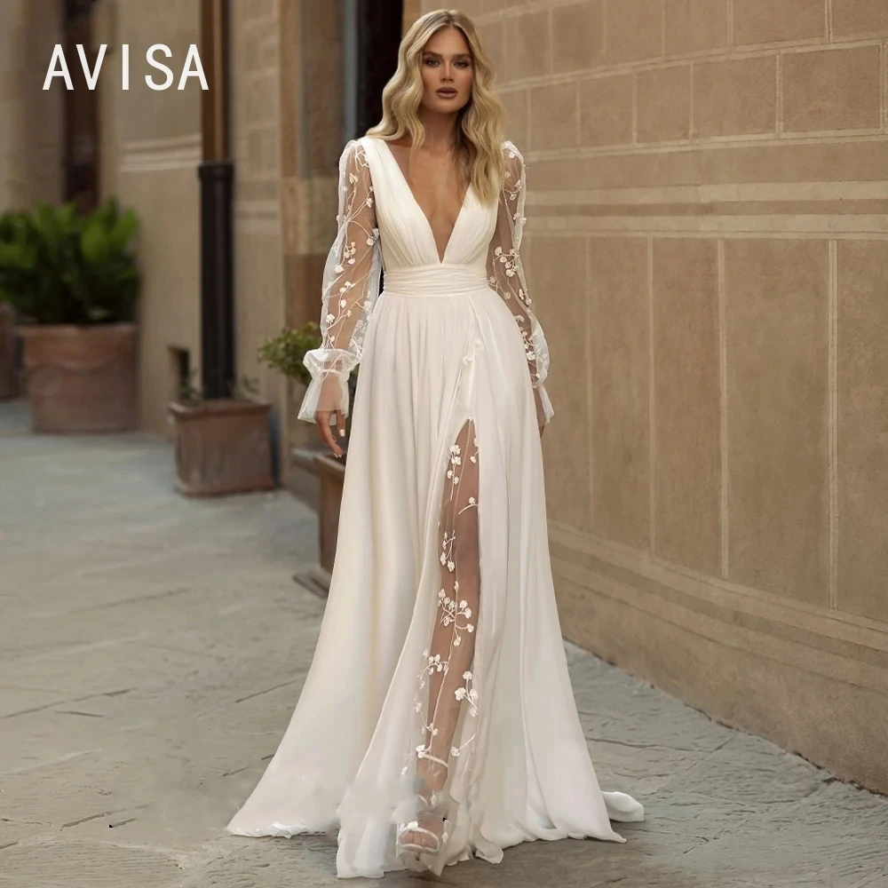 Vestido De Novia bohemio, traje Sexy con escote en V profundo, Apliques De encaje, mangas largas abullonadas, con cordones, 2024