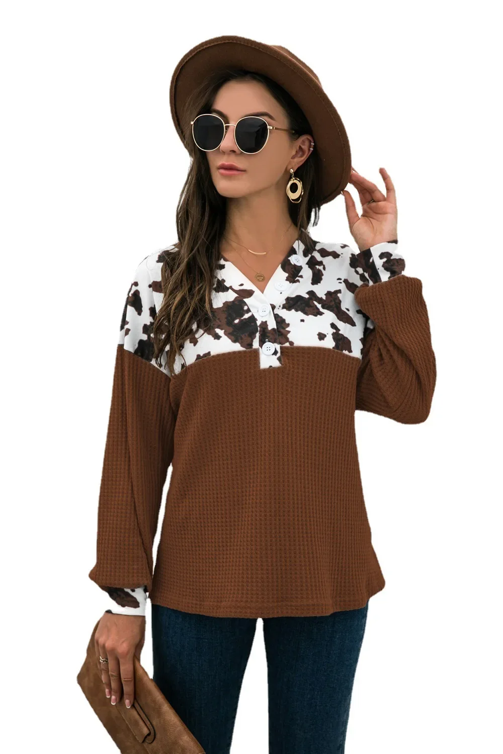 Autumn Winter Women New Top Printing Stitching Loose Girls Casual Leopard Print Button Up Long Sleeve V-neck Coffee Blouses