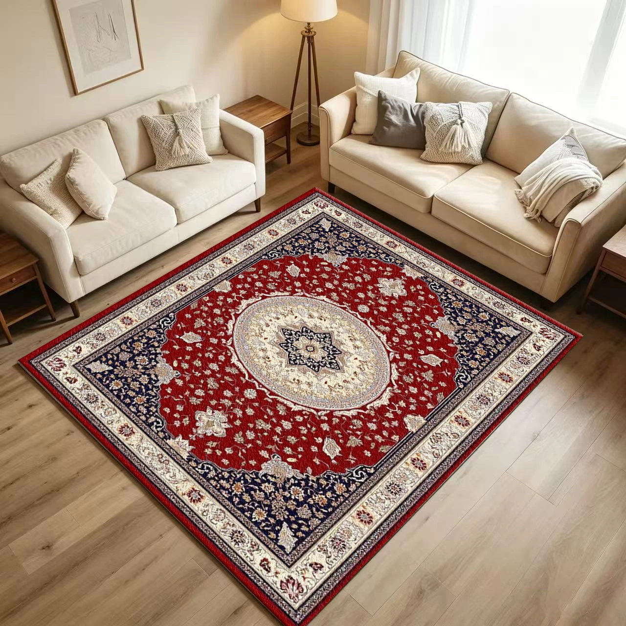 Luxury Vintage Red Beige Oval Medallion Carpet Flooring Oriental Persian Floral Border Printed Floor Rug for Household Living Room Home Ornament
